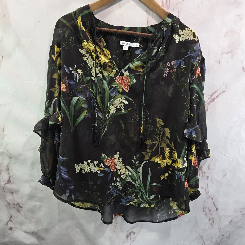 Chicos Shirt Womens 3 XL Black Blouse Ruffle Botanical Tassel Wildflower Notch